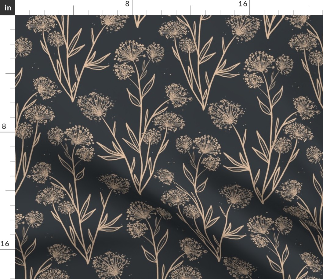 Queen Anne Moody Academia Floral Fabric Wallpaper in stormy blue and wheat yellow Medium
