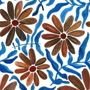 Blue and brown flowing watercolor hand painted  flowers and leaves in earthy colors on white background, groovy modern earthy daisy gerbera flowers and botanical ticking branches design