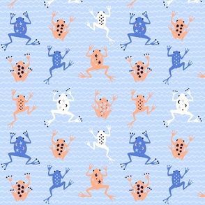 marching frogs - blue, peach fuzz, eggshell white