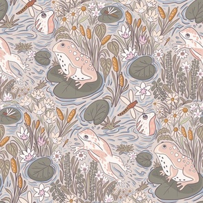 Frog and Floral Medley - Lily Pad - Dragonfly - Pond botanicals with warm mauve background
