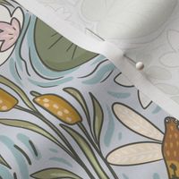 Frog and Floral Medley - Lily Pad - Dragonfly - Pond botanicals with blue background