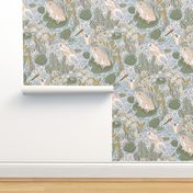 Frog and Floral Medley - Lily Pad - Dragonfly - Pond botanicals with blue background