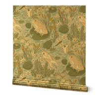 Frog and Floral Medley - Lily Pad - Dragonfly - Pond botanicals with blue background