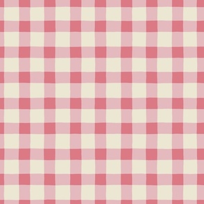 (S) Hand-drawn Gingham Cottagecore Check - Pink  on Cream