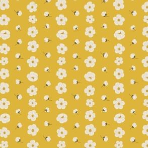 (S) Cream Buttercups Stripe - Cottagecore cream and pink flower blooms on a mustard yellow background