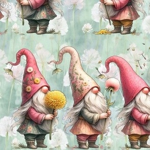 PINK GNOMES BLOWING DANDELION FLORAL LIGHT TURQUOISE BACKGROUND FLWRHT