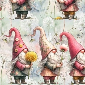 PINK GNOMES BLOWING DANDELION PASTEL FLORAL MEADOW BACKGROUND FLWRHT