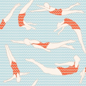 Orange & Blue Swimmers Fabric - Artistic Aquatic Pattern