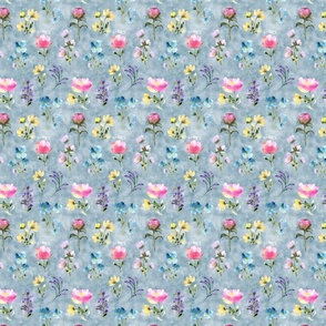 Watercolor meadow floral pattern painted light blue background small