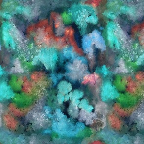 Blurred abstract hand painted watercolor flowing liquid paints in blue aqua rust and green color palette texture design