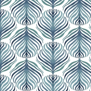 tropical leaf  hand painted in watercolor in muted dusty blue teal over white background