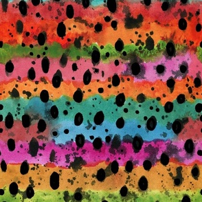 Grungy neon rainbow colorful bright vibrant colored wonky smudged stripes watercolor texture with grungy ink cheetah spots