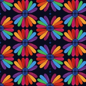 Rainbow Watercolor Daisies, happy positive retro floral hand painted flower power pattern on black background