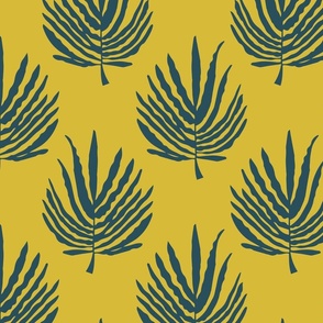 Fern leaves (XL) in cerulean blue polka dot on goldenrod yellow background