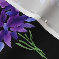 Delphinium Meadow- hand painted in watercolor delphinium flowers in blue purple lilac pink lavender magenta color palette over black texture with abstract paint splatter dots