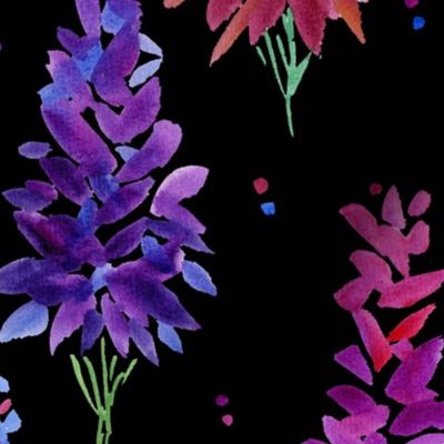 Delphinium Meadow- hand painted in watercolor delphinium flowers in blue purple lilac pink lavender magenta color palette over black texture with abstract paint splatter dots