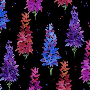 Delphinium Meadow- hand painted in watercolor delphinium flowers in blue purple lilac pink lavender magenta color palette over black texture with abstract paint splatter dots