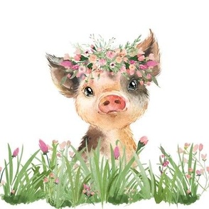 6" floral baby piggie with grass and flowers and floral wreath