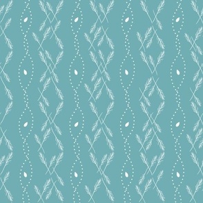 pine needles (M), leaves,  dew drops decorative in vertical lines on bright verdigris cyan background