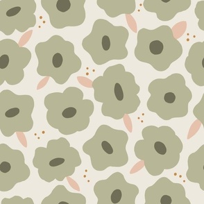 Olive green flowers with vintage pink leaves on a soft background with dark green - retro spring flowers - mid sized floral pattern