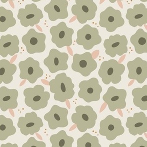 Olive green flowers with vintage pink leaves on a soft background with dark green - retro spring flowers - small sized floral pattern