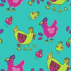 Purple Green Chickens Teal Background