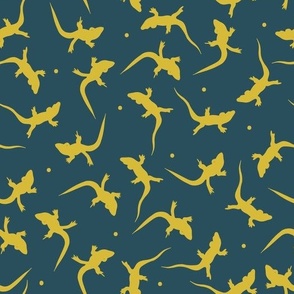 Goldenrod yellow lizards (M) polka dot on dark cerulean blue background