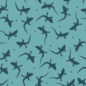 Black lizards (M) polka dot on bright verdigris cyan blue background