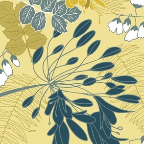 Forest (XL) flora and fauna in ash grey - green, white, dark teal cyan, yellow, goldenrod whimsical