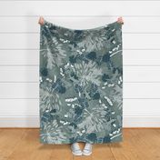Forest (XL) flora and fauna in ash grey - green, white, dark teal cyan whimsical