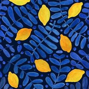 Lemons and blues, hand paintedabstract  watercolor mediterranean yellow lemons and very  blue leafy groovy modern trailing  branches over dark navy background
