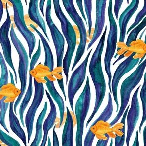 Seagrass and goldfishes, marine nautical aquatic underwater under the sea, ocean kelp forest  pattern with seaweed and swimming fishes in purple teal blue and yellow watercolors, hand painted design