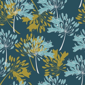 Big (XL) agapanthus flowers in goldenrod yellow, cyan, white whimsical on dark teal cyan background