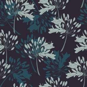 Big (XL) agapanthus flowers in grey, ash gray, teal blue whimsical on black background