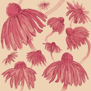 Coneflowers Dark Pink and Beige