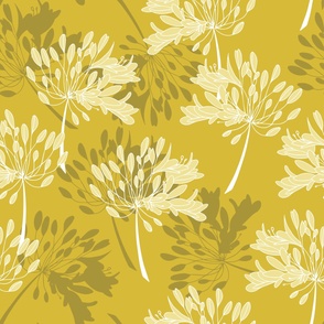 Big (XL) agapanthus flowers in yellow, white, ash grey whimsical on bright goldenrod yellow background