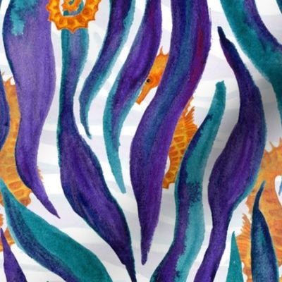 Seaweed and Seahorses, hand painted in watercolor paint underwater marine, aquatic, nautical, ocean, under the sea pattern in purple teal yellow, medium size