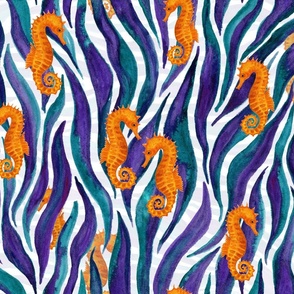 Seaweed and Seahorses, hand painted in watercolor paint underwater marine, aquatic, nautical, ocean, under the sea pattern in purple teal yellow, medium size