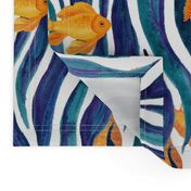 Seaweed, Seahorses and Fishes, hand painted in watercolor paint underwater marine, aquatic, nautical, ocean, under the sea pattern in purple teal yellow, medium size