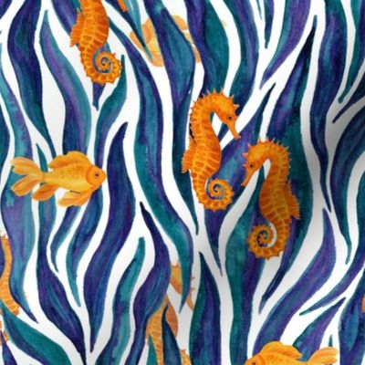 Seaweed, Seahorses and Fishes, hand painted in watercolor paint underwater marine, aquatic, nautical, ocean, under the sea pattern in purple teal yellow, medium size