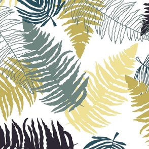 Ferns (XL) in black, cyan, ash grey, goldenrod, yellow whimsical on white background