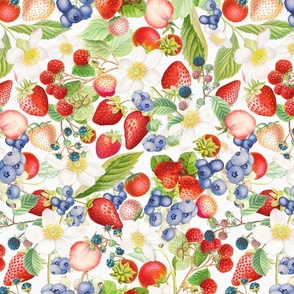 Historical Watercolor Strawberry And Blueberry Flower Meadow- Nostalgic Strawberries Spring Garden  soft white