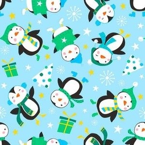Christmas Holiday Cute Penguins on Light Blue (6")