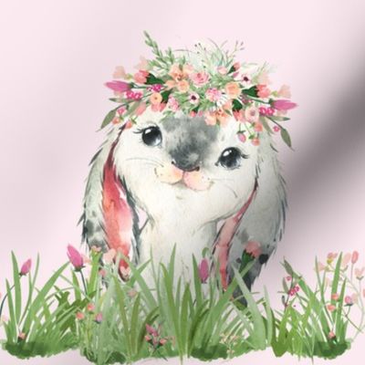 6" floral baby bunny with grass and flowers and floral wreath