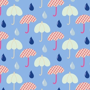 Umbrellas and rain drop design on blue background