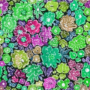 meadow flowers for bees in green and pink- hand painted and drawn little country land style blooms