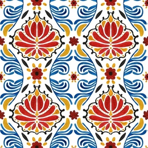 Boho chic abstract watercolor flowers and flourishes in red blue yellow black on white background