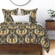 Whimsical forest gold and cream - fox - birds - wallpaper - home decor - bedding - curtains - damask - watercolor - animals .