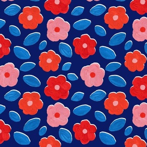 Bold Blooms on blue, abstract painterly flowers in red pink and orange modern design