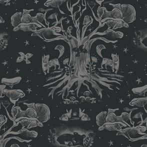 Mushroom tree of life _CHARCOAL BLACK and GREY -_ sacred dark woodland shadows_ Monochrome Baby Animals_MEDIUM SCALE